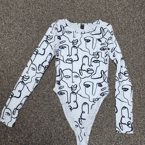 Abstract Face Print Long Sleeve Bodysuit